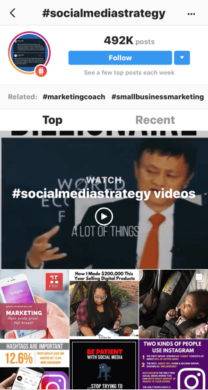 Как да развиете стратегически своя Instagram след стъпка 11, да намерите подходящи примерни публикации, примерно търсене на видеоклипове „#socialmediastrategy“