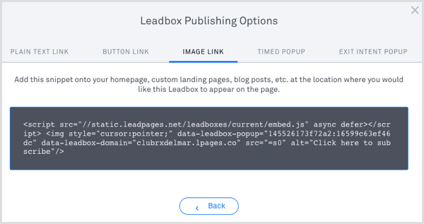 LeadPages Leadbox публикува код 