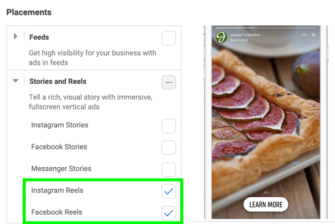 изображение на рекламни разположения на Stories и Reels в Meta Ads Manager