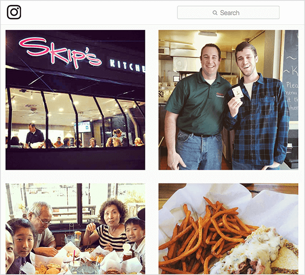Това е екранна снимка на снимки от Instagram с етикет #skipsdiner. Единият показва екстериора на ресторанта, един показва мъж, който държи карта, сякаш е спечелил играта на Жокера, един показва семейство, което яде на маса, а друго показва храната, която някой е поръчал. Jay Baer казва, че играта Joker е пример за разговор.