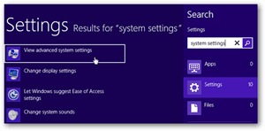 Търсене на настройки за Windows 8