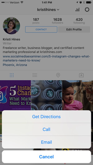 опции за контакт с бизнес профил в instagram