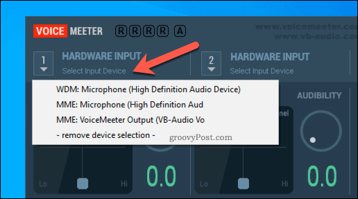 Избор на опция за хардуерно въвеждане на VoiceMeeter