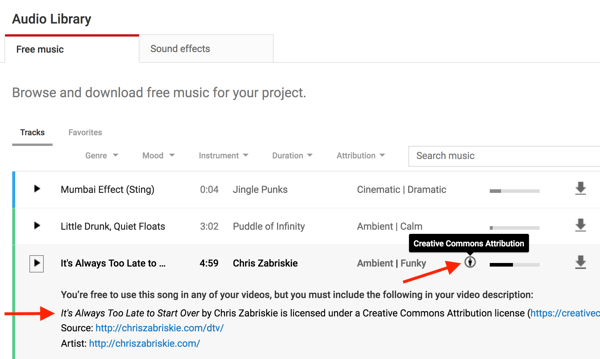 Музикалните файлове в аудио библиотеката на YouTube ще забележат, ако трябва да кредитирате първоначалния създател.