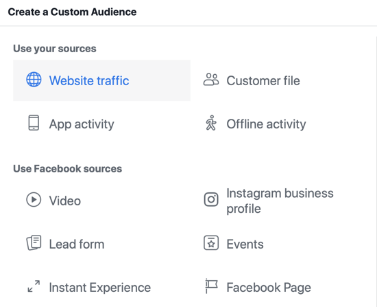 Използвайте инструмента за настройка на събития във Facebook, стъпка 14, опция от менюто на Facebook, за да изберете трафика на уебсайта като източник на аудитория