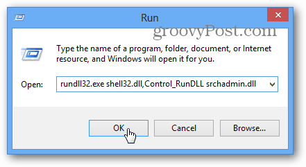 стартирайте опции за индексиране от прозореца Run