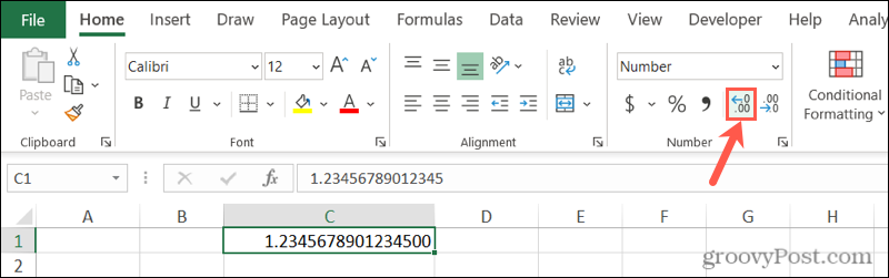 Спрете закръгляването на числата в Excel с бутона за увеличаване на десетичните знаци