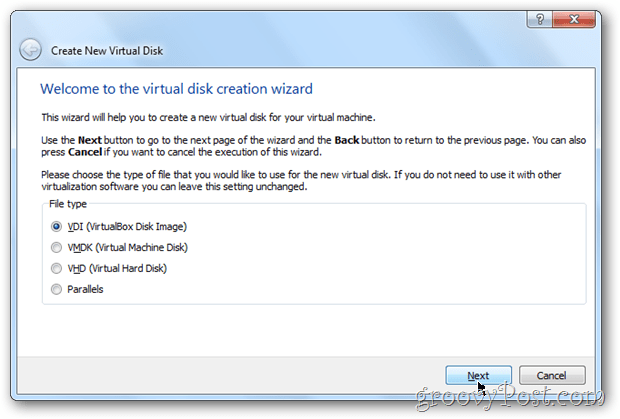 VirtualBox изберете виртуална кутия диск тип изображение Windows 8