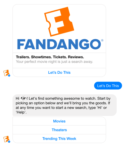 Чатботът на Facebook Messenger на Fandango помага на потребителите да насочват потребителите към избора на филми.