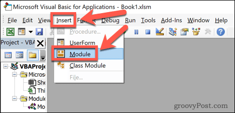 модул за вмъкване на excel vba