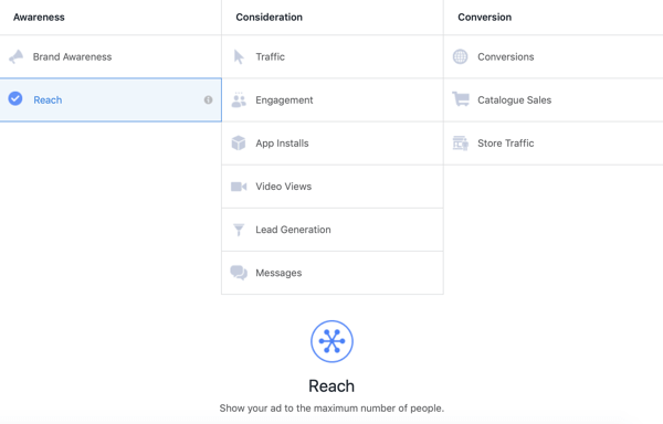 Как да създадете реклами за достигане до Facebook, стъпка 1, опция за кампания Reach под Информираност