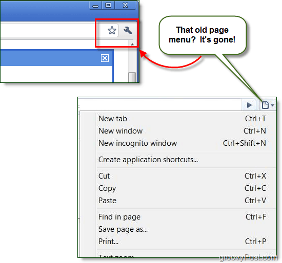 в лентата с менюто на Google Chrome е показана само иконата на гаечен ключ