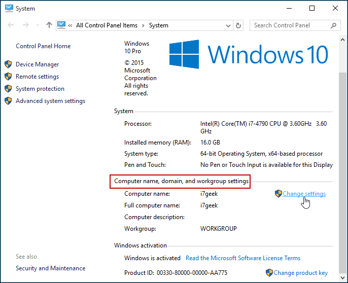 Промяна на настройките Windows 10 Control Panel