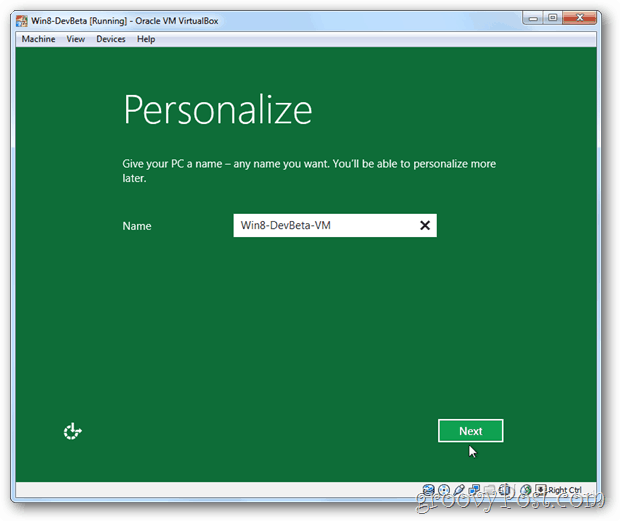 VirtualBox Windows 8 персонализира името на инсталационния компютър