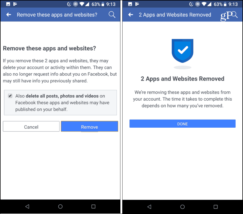 Потвърдете премахване на приложения на трети страни Facebook mobile