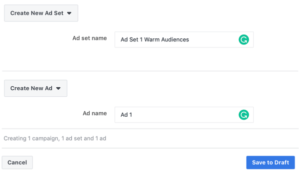 Как да насочите топлите клиенти с реклами във Facebook Messenger, стъпка 3, настройки на имена на реклами и рекламни набори