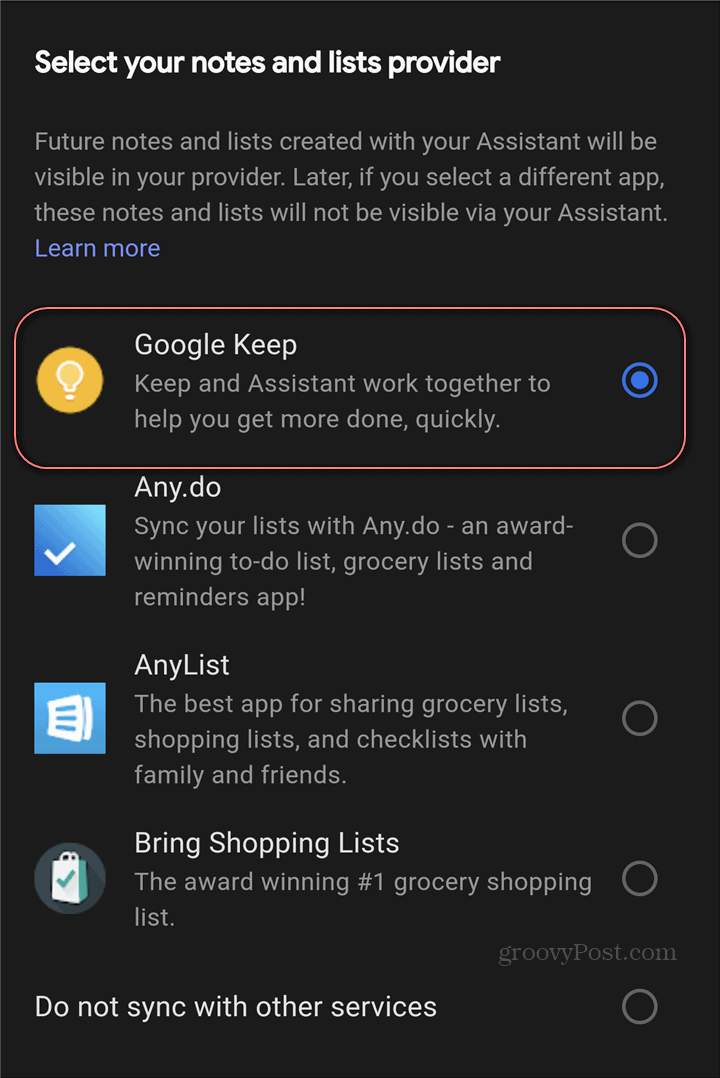 Google Assistant Доставчик на бележки за настройки на Google Keep
