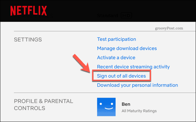 Излезте от всички устройства на Netflix на страницата за настройки на акаунта в Netflix