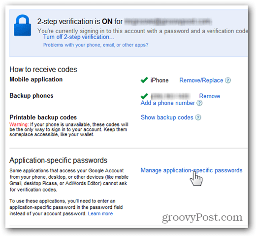 google еднократни пароли - кликнете върху управление на специфични за приложение пароли