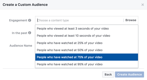 За персонализирана аудитория, базирана на видео ангажираност, можете да изберете каква част от вашето видео трябва да гледа някой, за да види рекламата Ви за пренасочване.