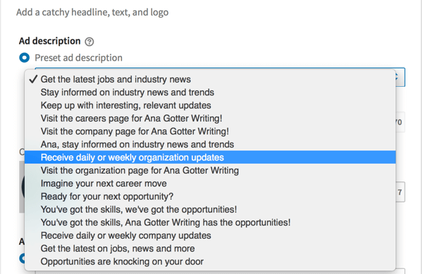 Предварително зададените описания на рекламите на LinkedIn, достъпни за някои динамични рекламни формати.