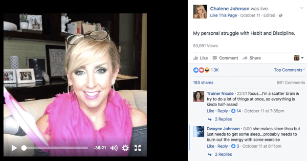 Видео публикация на живо във Facebook на страницата на Chalene във Facebook.