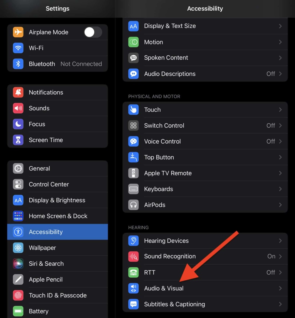 Изберете Audio & Visual в настройките за достъпност на вашия iPad