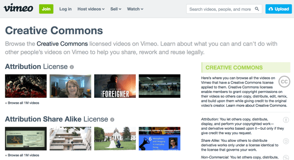 Vimeo групира видеозаписи по тип лиценз и включва обяснения за всеки тип вдясно.