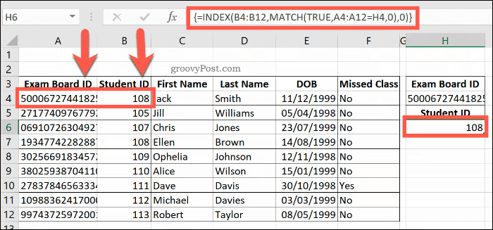 Пример за комбинирана формула INDEX и MATCH в Excel