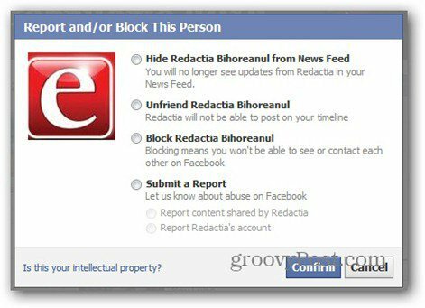 facebook report - опции за блокиране