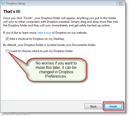 Снимка на Dropbox - коригирайте крайните предпочитания и променете местоположението на dropbox