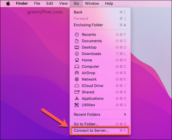 Отваряне на опцията Mac Finder Connect to Server