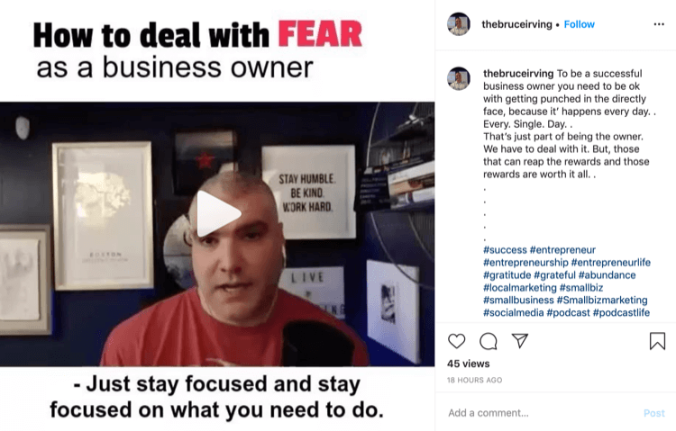 Брус Ървинг публикация в Instagram за това как да се справите със страха като собственик на бизнес