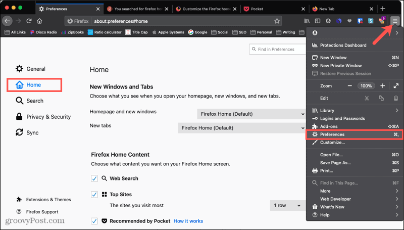 Начало на предпочитанията на Firefox на Mac