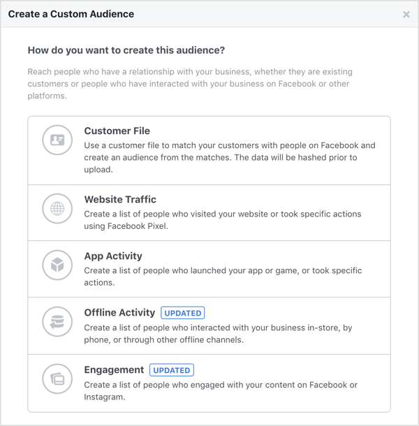 Опции за създаване на потребителска аудитория във Facebook