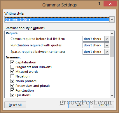Word 2013 конфигурира меню за настройки на граматиката