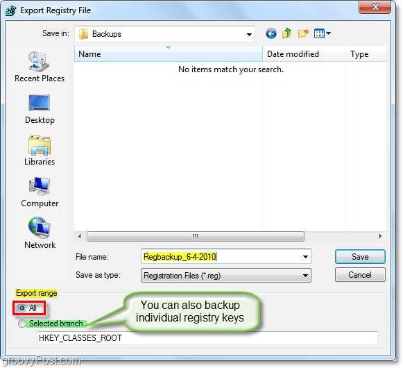 запишете архива на системния регистър в Windows 7 и Vista
