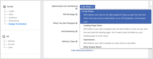 Изберете „Кликвания върху връзки“ от падащия списък „Оптимизация за доставка на реклами“, когато настроите рекламата си във Facebook.