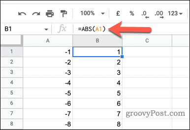 Използване на функцията ABS в Google Таблици