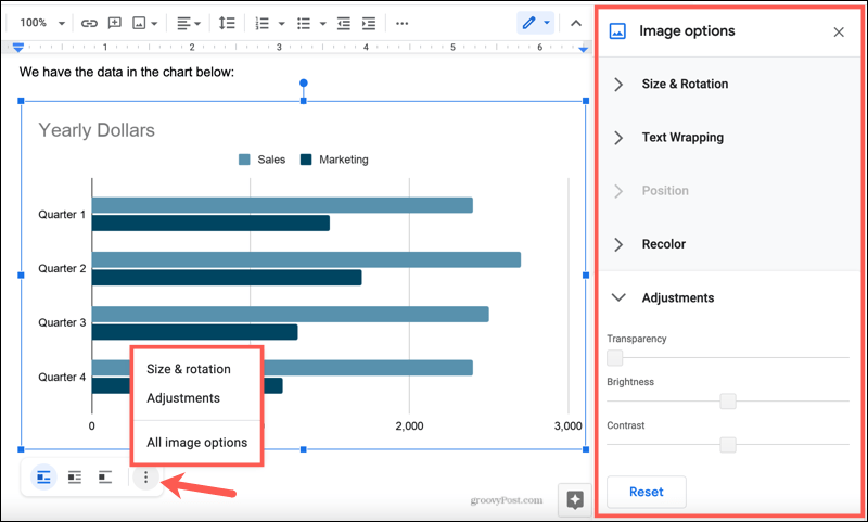Опции за графично изображение в Google Docs