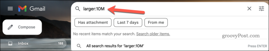 Изпълнение на по-голямо: търсене в лентата за търсене на Gmail