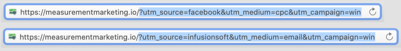 пример за URL адреси с utm тагове, кодирани с utm частта от маркираните URL адреси, показващи facebook / cpc и infusionsoft / email като параметри за кампанията на win