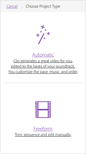 Изберете Автоматично, за да може Adobe Premiere Clip да създаде видео за вас.