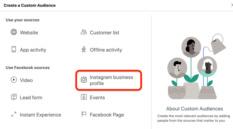 Избрана опция за бизнес профил в Instagram в диалоговия прозорец Създаване на персонализирана аудитория