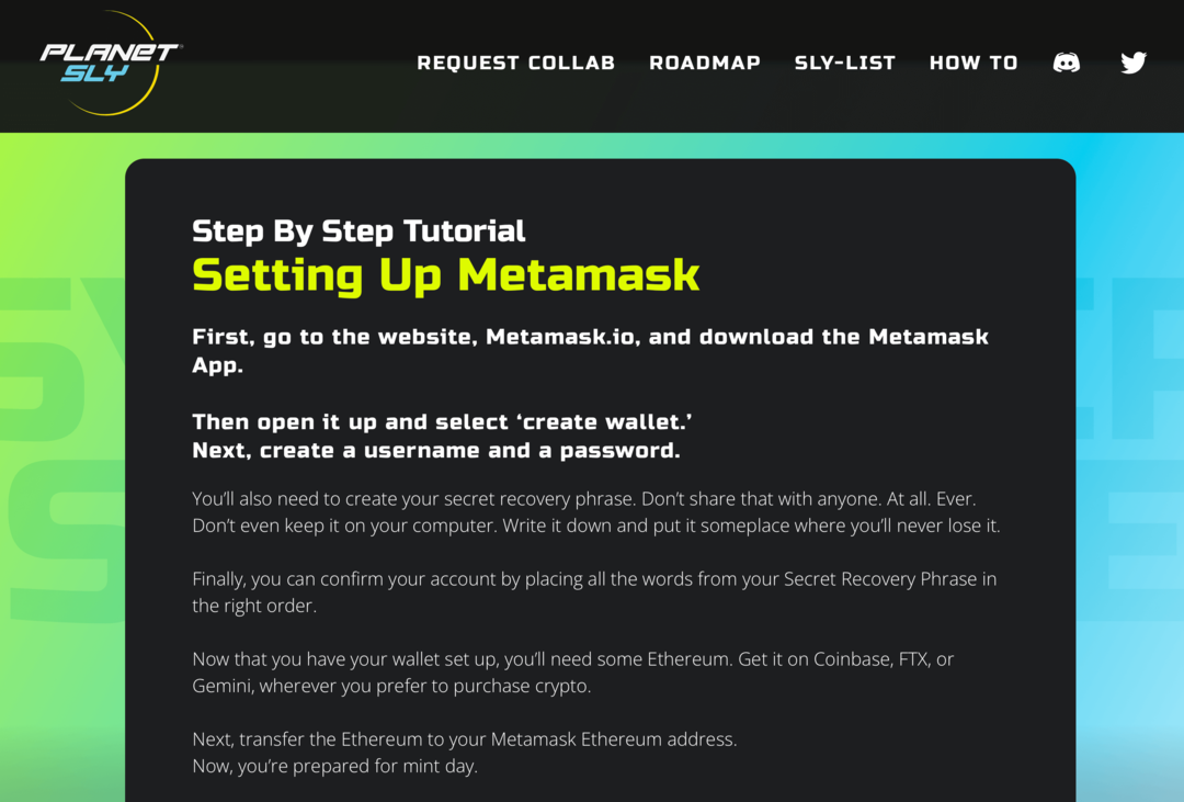 изображение на урока за Metamask на уебсайта на PlanetSLY