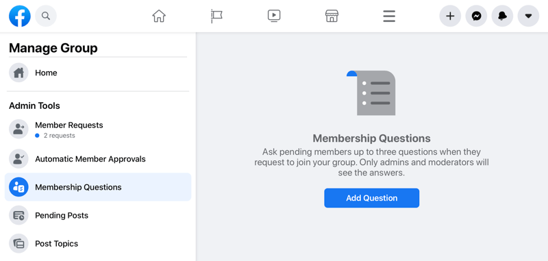 facebook управлява опция за група, подчертавайки опцията за въпроси за членство