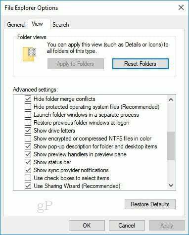 опции на File Explorer