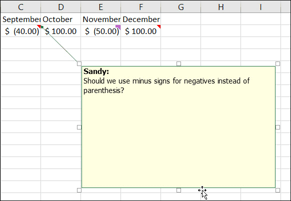 Преоразмеряване или преместване на бележки в Excel