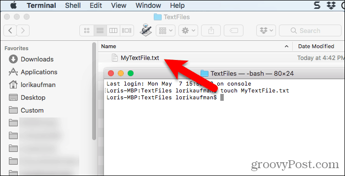 Текстов файл, създаден с помощта на сензорна команда в Terminal на Mac