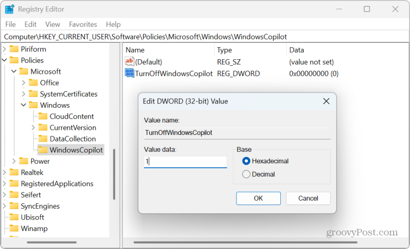 turnoffwindowscopilot стойност